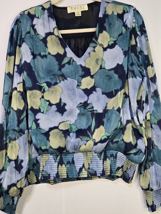 Tower Hill Tops - TWRHLL Size M Water Color Print L/Sl Blouse With Elastic Wide Hem & Sleeves NWOT